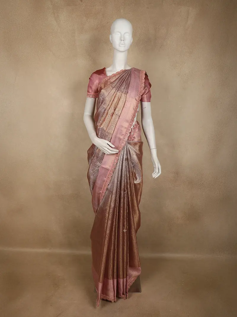 Soft Dusty Rose Copper Geometric Zari Woven Design Tissue Designer Saree With Sequins Border 1