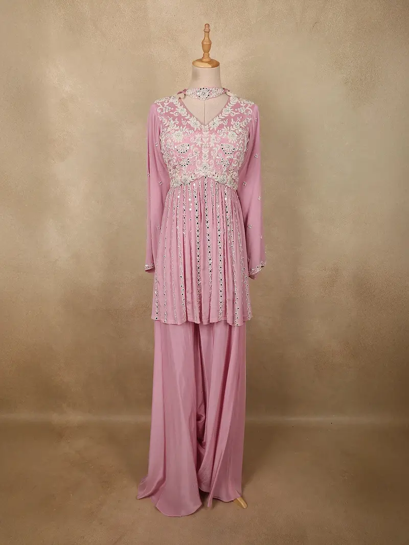Soft Dusty Rose Pink Floral Beads Embroidered Design Georgette Peplum Palazzo Suit 1