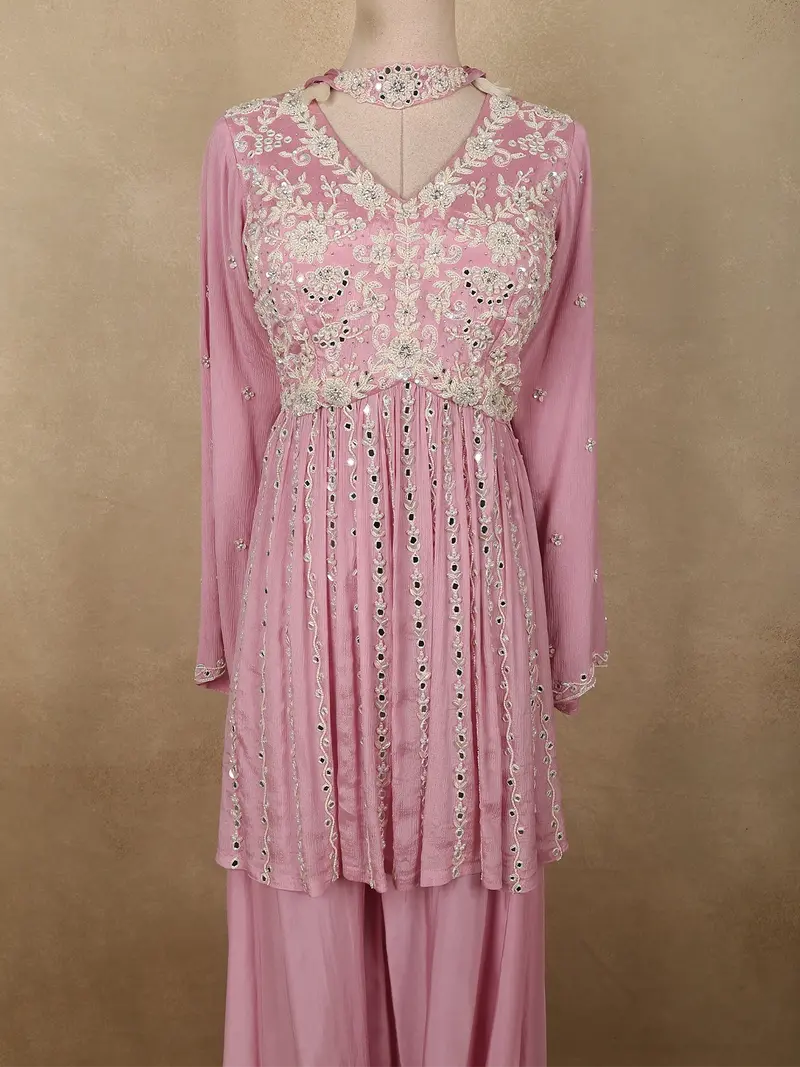 Soft Dusty Rose Pink Floral Beads Embroidered Design Georgette Peplum Palazzo Suit 2