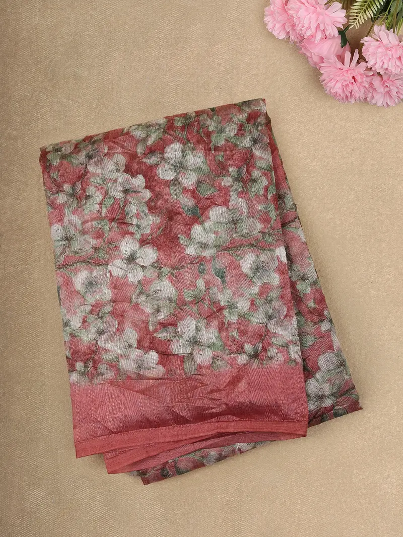 Soft Dusty Rose Pink Floral Printed Design Linen Cotton Saree 1