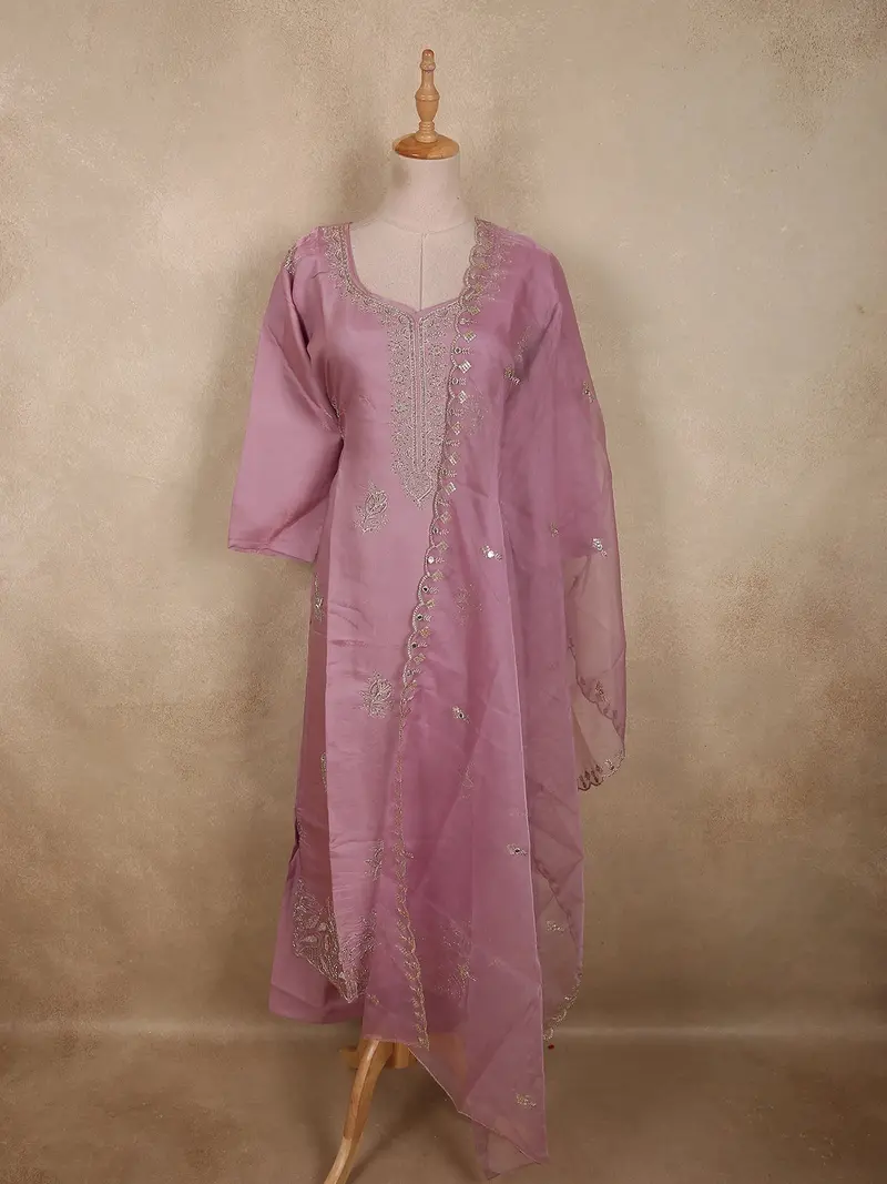 Soft Dusty Rose Pink Floral Sequins And Beads Embroidered Design Organza Salwar Suit 1