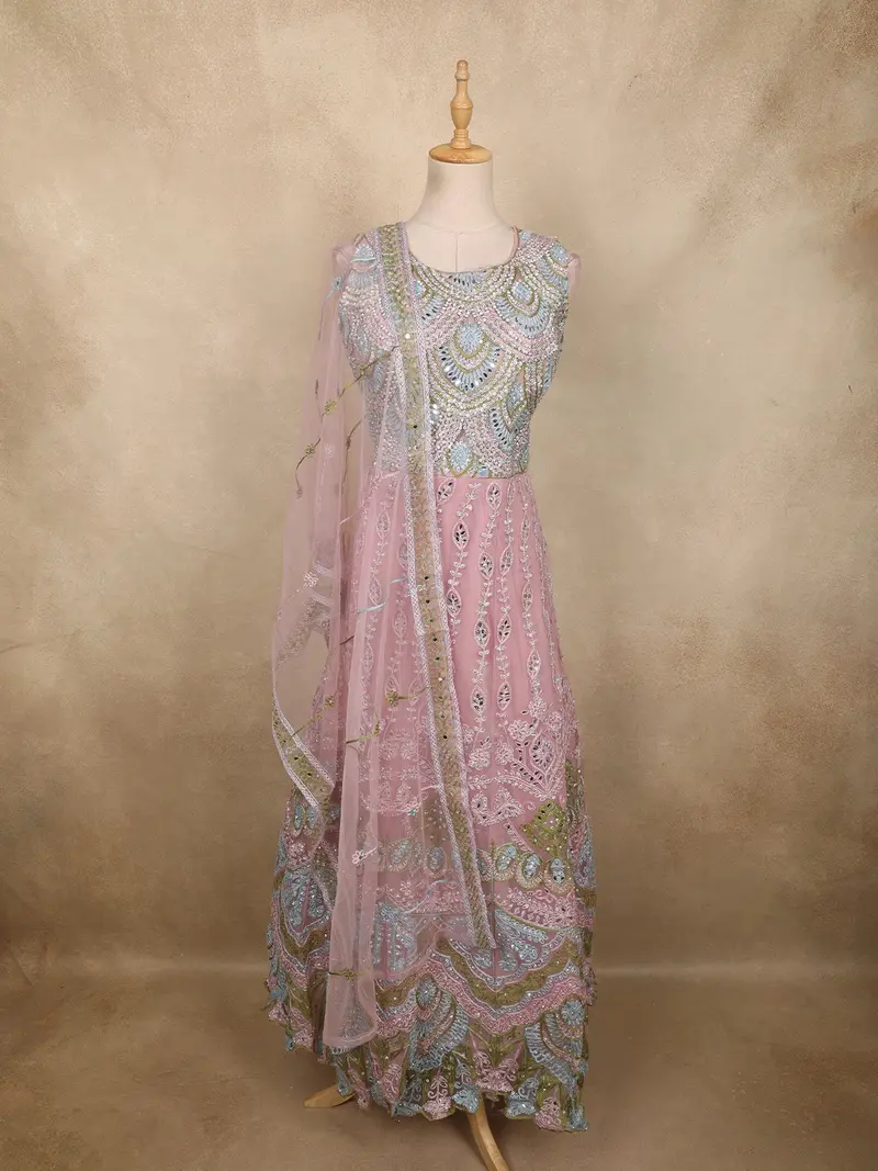 Soft Dusty Rose Pink Floral Thread And Mirror Embroidered Design Net Anarkali Gown With Dupatta 1