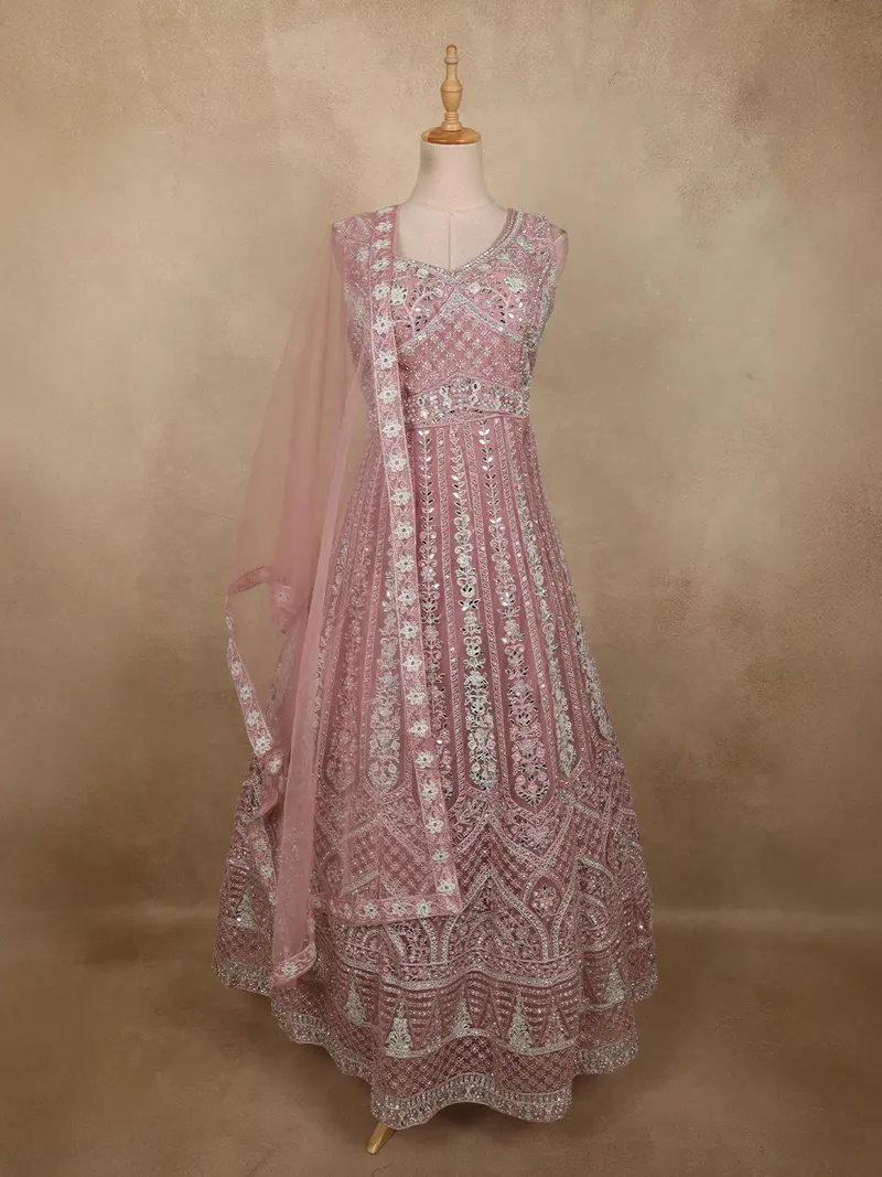 Soft Dusty Rose Pink Floral Thread And Mirror Embroidered Design Net Anarkali Gown With Dupatta 1
