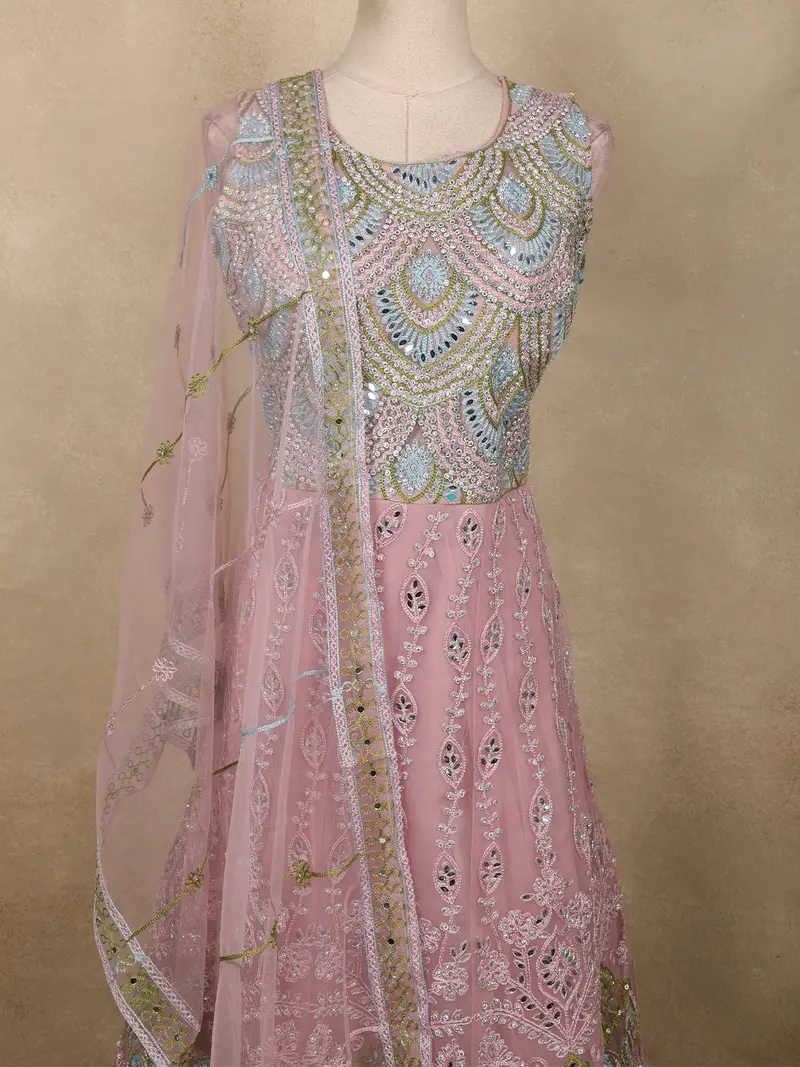 Soft Dusty Rose Pink Floral Thread And Mirror Embroidered Design Net Anarkali Gown With Dupatta 2