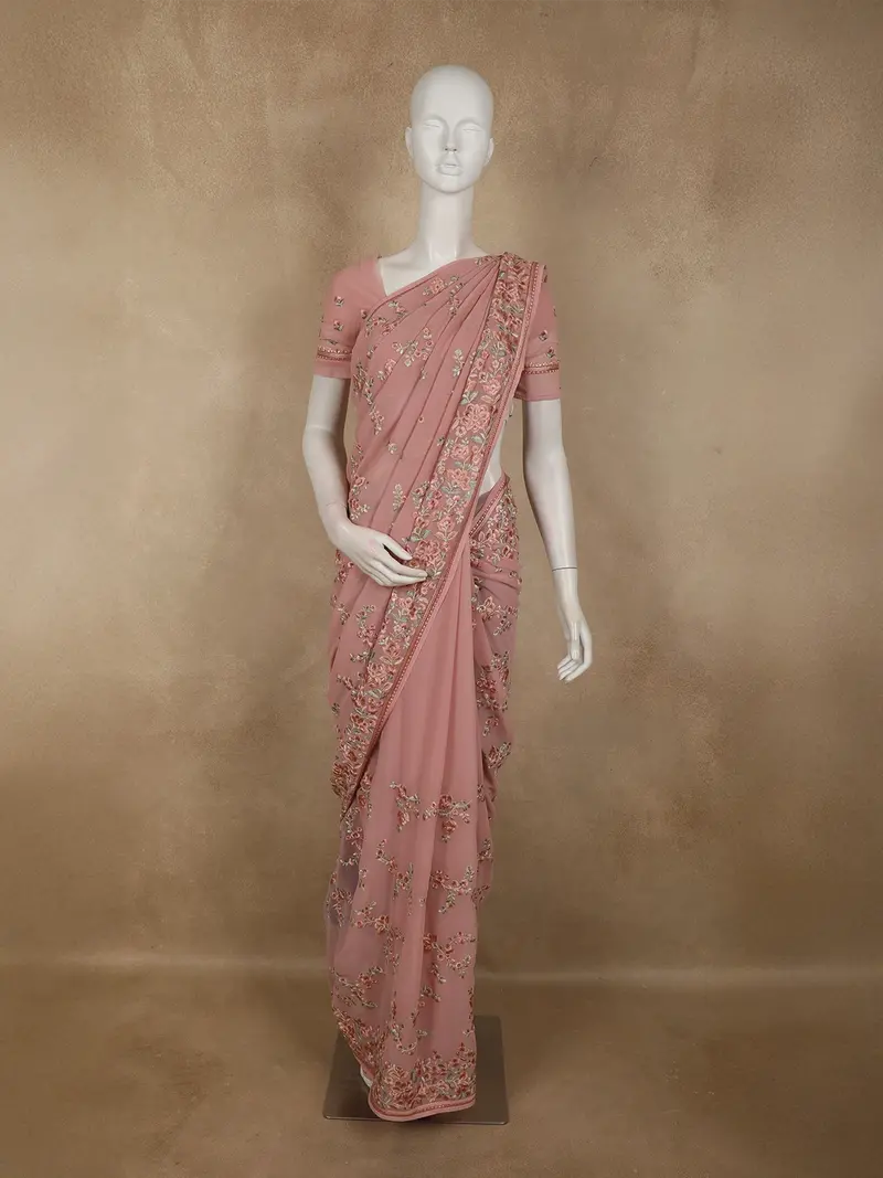 Soft Dusty Rose Pink Floral Thread Embroidered Design Chiffon Saree 1