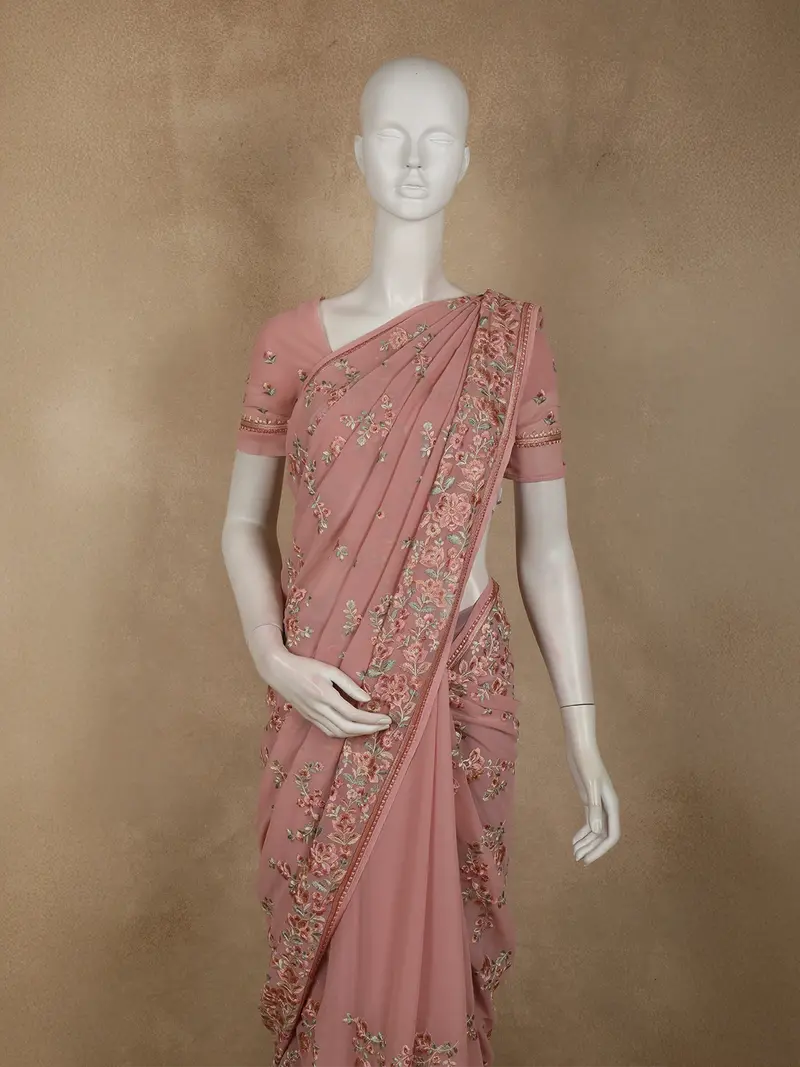 Soft Dusty Rose Pink Floral Thread Embroidered Design Chiffon Saree 2