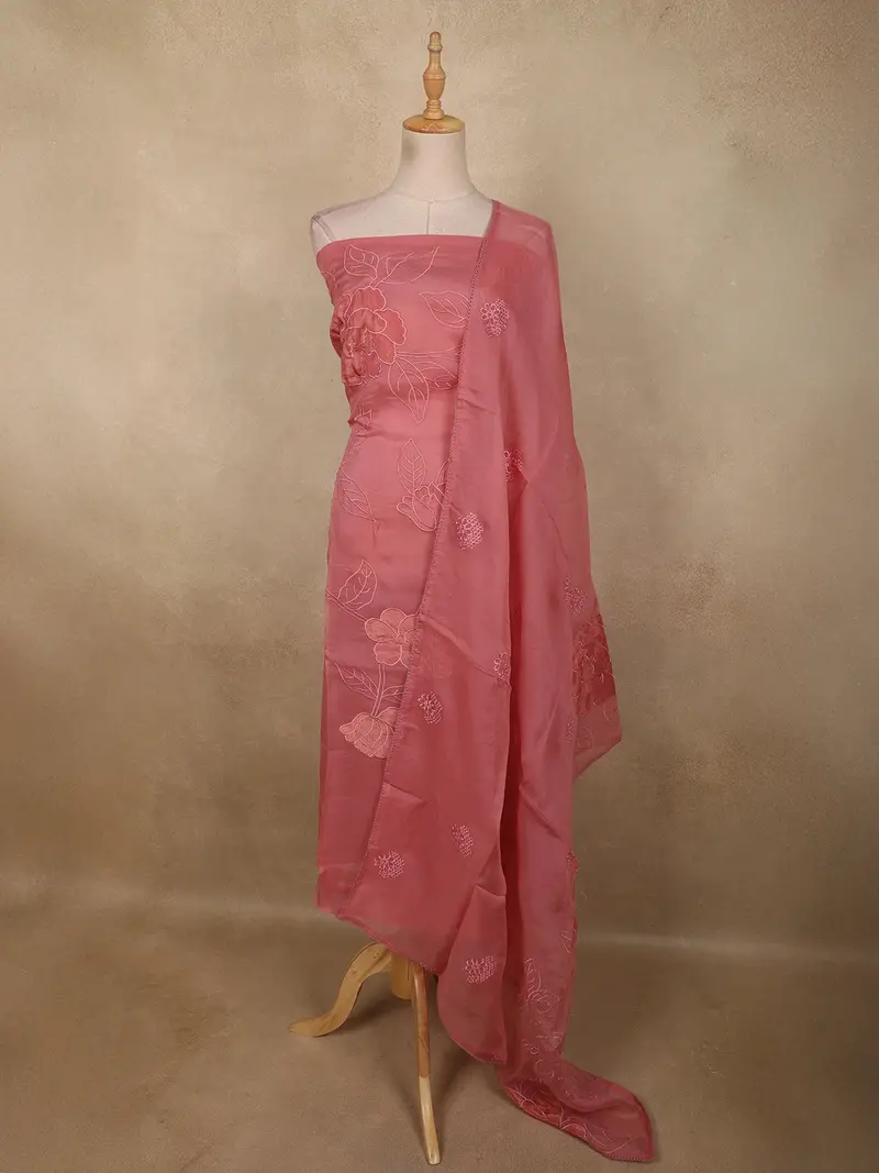 Soft Dusty Rose Pink Floral Thread Embroidered Design Cotton Unstitched Salwar Material 1