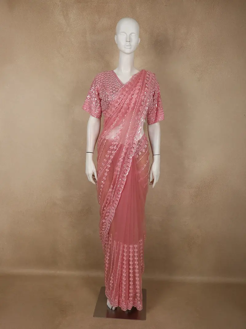 Soft Dusty Rose Pink Heavy Sequins And Beads Embroidered Design Net Designer Saree With Blouse 1