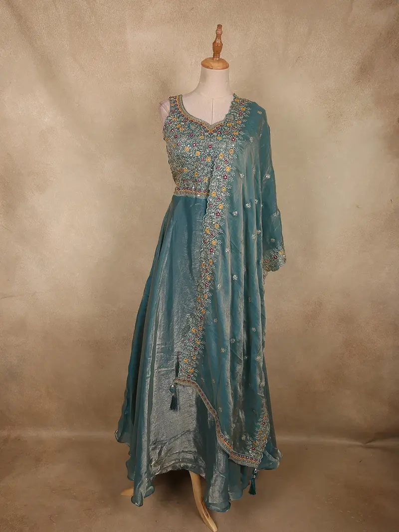 Soft Dusty Teal Blue Floral Thread Embroidered Design Organza Gown With Dupatta 1