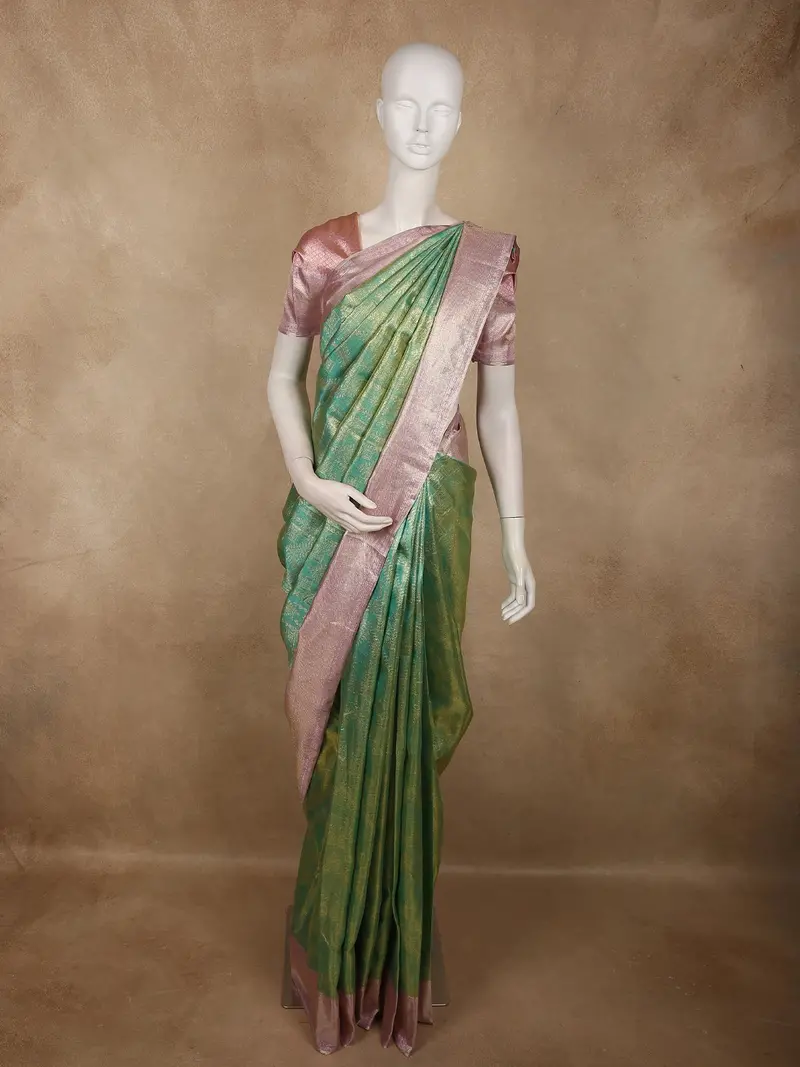 Soft Emerald Green Floral Zari Woven Design Pure Kanchipuram Silk Saree With Contrast Zari Border 1