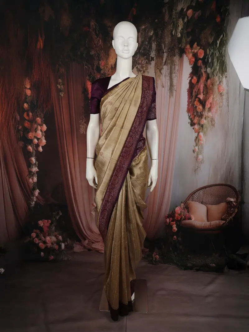 Soft Golden Beige Butta Woven Design Pure Tussar Saree With Contrast Border 1