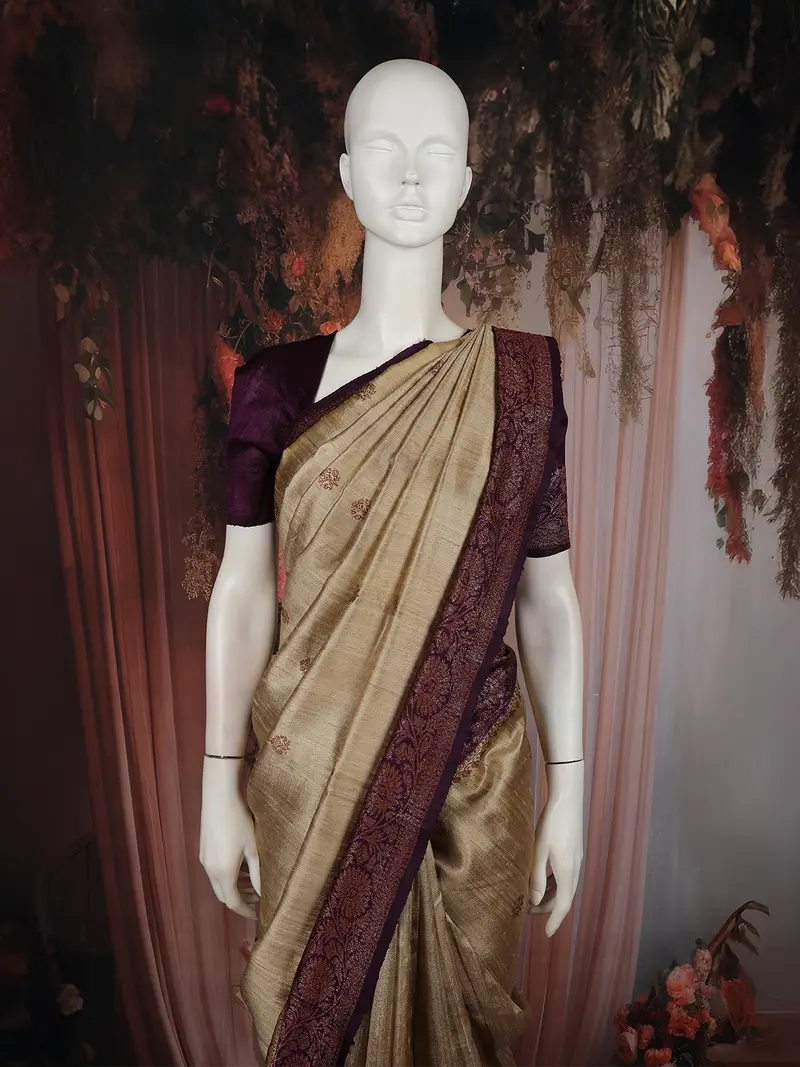 Soft Golden Beige Butta Woven Design Pure Tussar Saree With Contrast Border 2