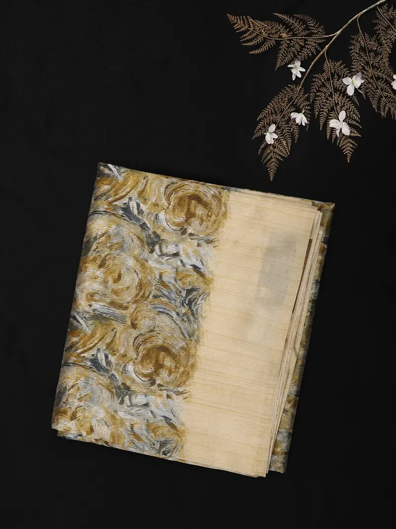 Soft Golden Beige Floral Woven Design Blended Cotton Saree 1