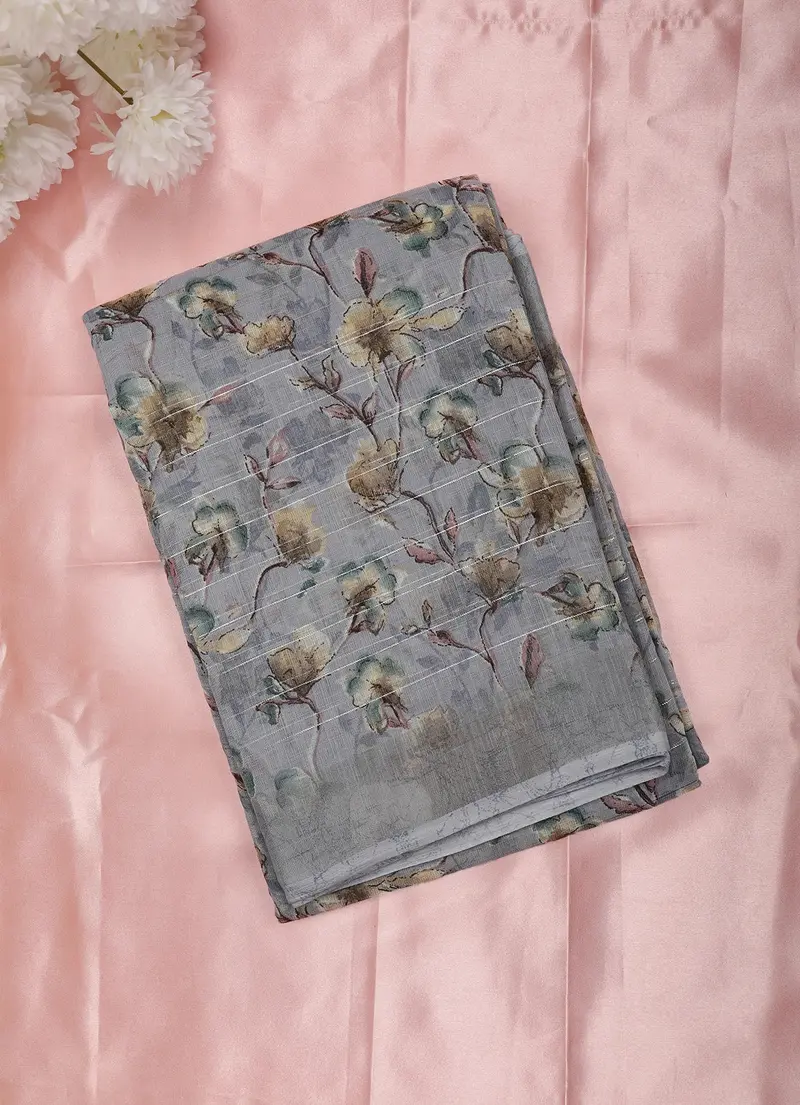 Soft Grey Floral Printed Design Linen Cotton Saree 1