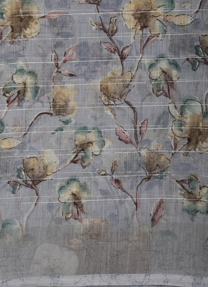 Soft Grey Floral Printed Design Linen Cotton Saree 2
