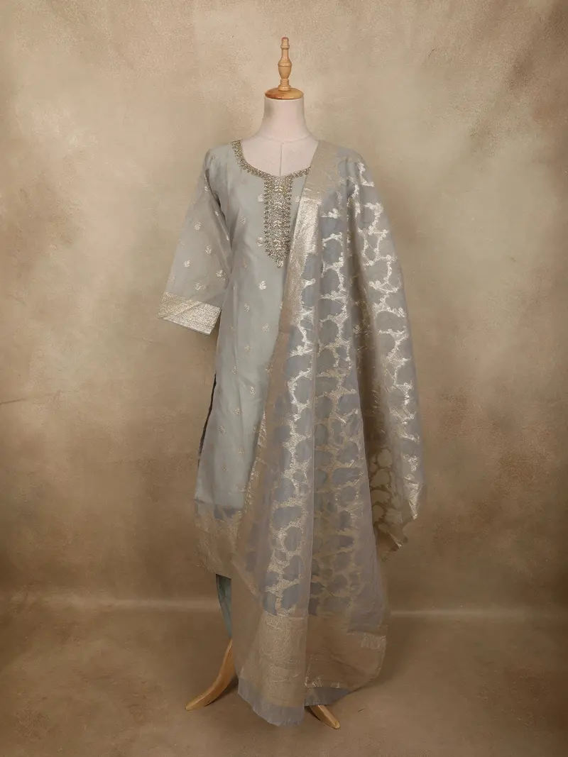 Soft Grey Floral Zari Woven Design Organza Straight Cut Salwar Suit With Dupatta 1