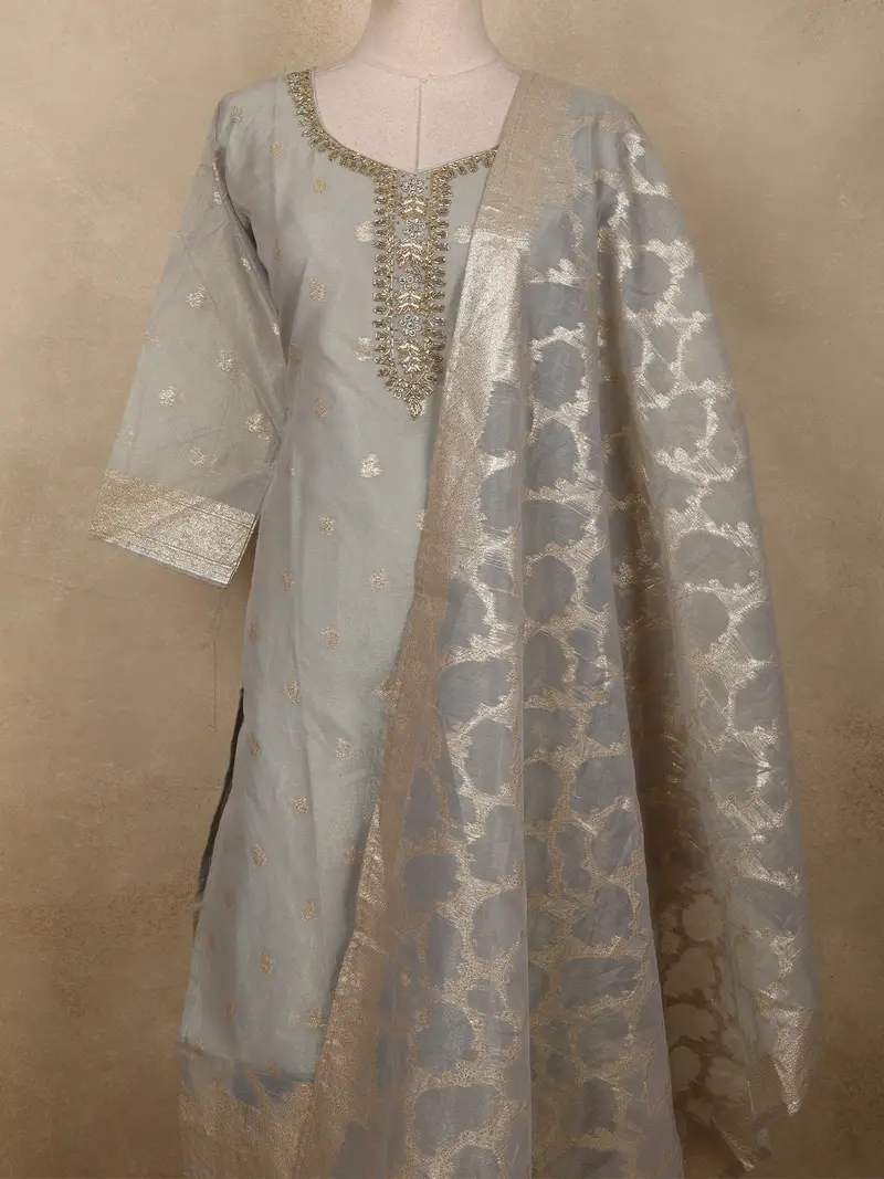 Soft Grey Floral Zari Woven Design Organza Straight Cut Salwar Suit With Dupatta 2