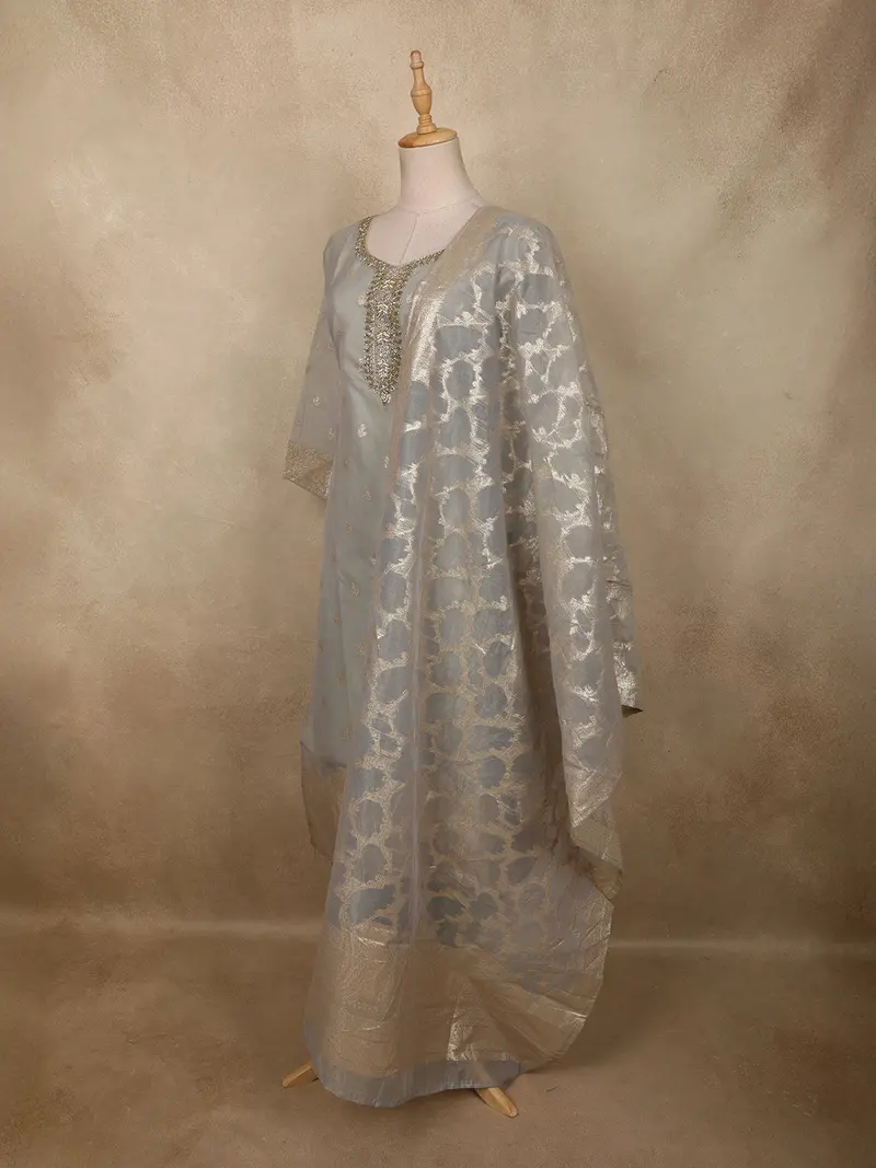 Soft Grey Floral Zari Woven Design Organza Straight Cut Salwar Suit With Dupatta 3