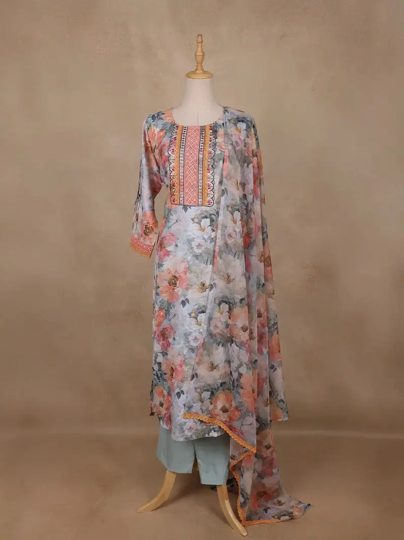 Soft Grey Multi-Floral Printed Straight Cut Salwar Suit 1
