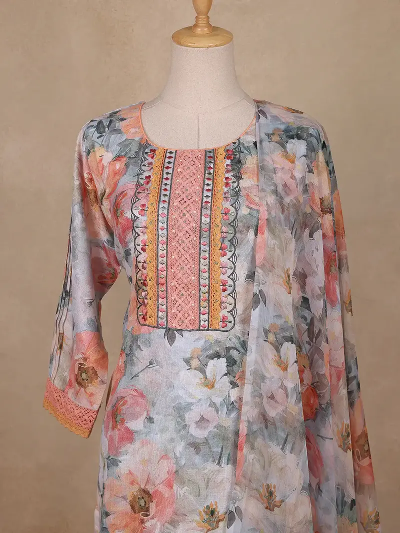 Soft Grey Multi-Floral Printed Straight Cut Salwar Suit 2