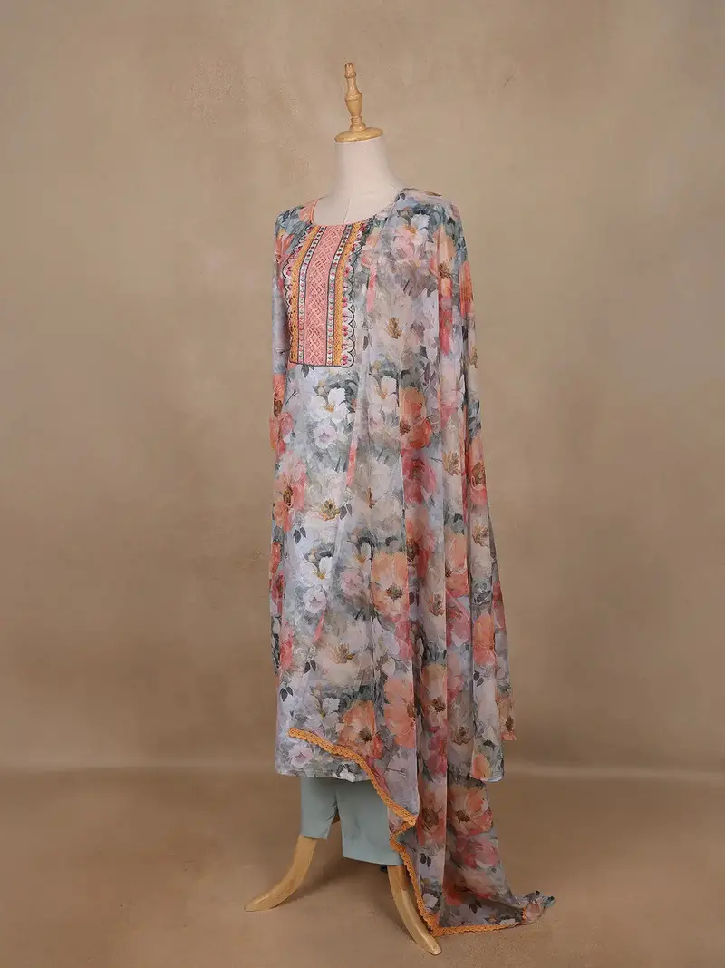Soft Grey Multi-Floral Printed Straight Cut Salwar Suit 3