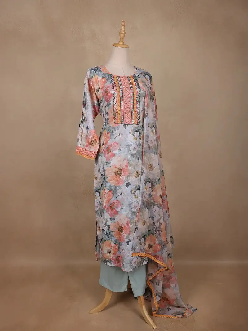 Soft Grey Multi-Floral Printed Straight Cut Salwar Suit 4