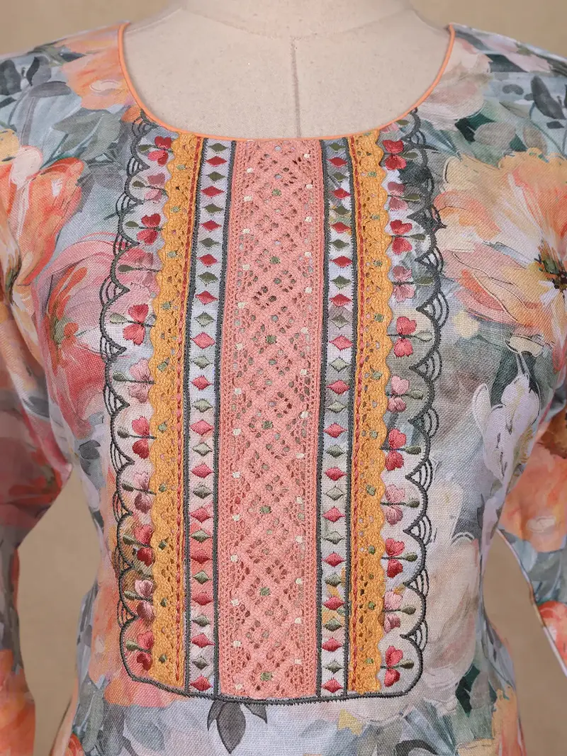 Soft Grey Multi-Floral Printed Straight Cut Salwar Suit 5