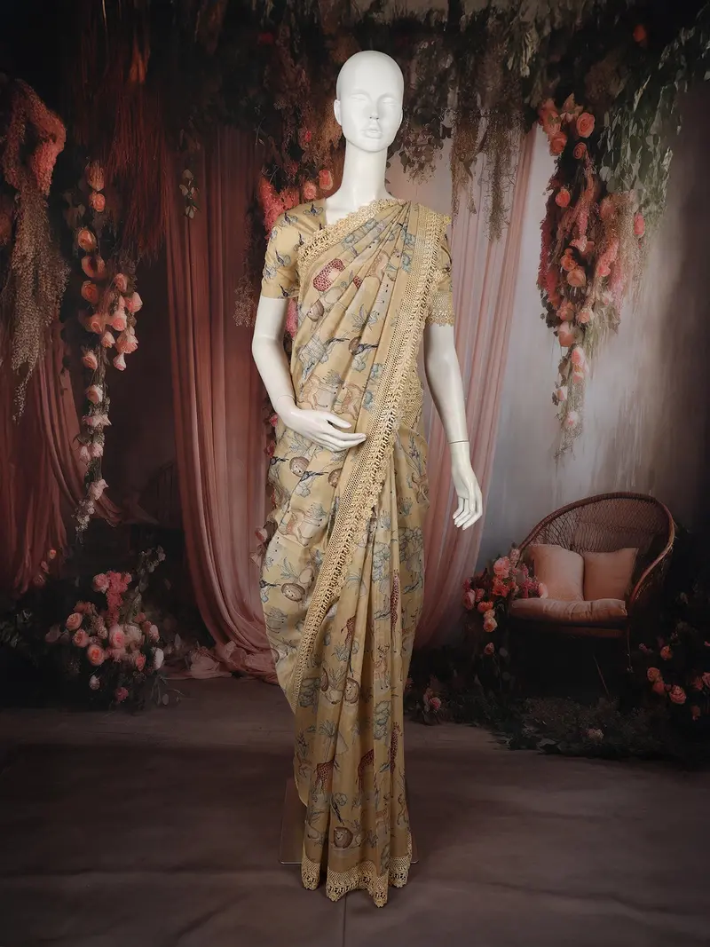 Soft Honey Beige Animal And Birds Motif Design Tussar Saree With Floral Border 1
