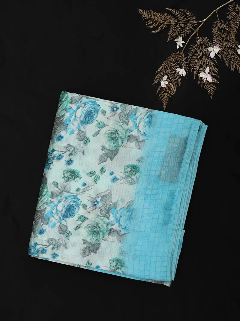 Soft Ice Blue Floral Woven Design Blended Cotton Saree 1