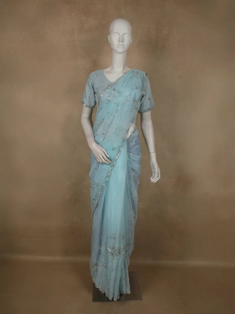 Soft Ice Blue Sequin And Beads Embroidered Design Organza Designer Saree With Designer Border 1