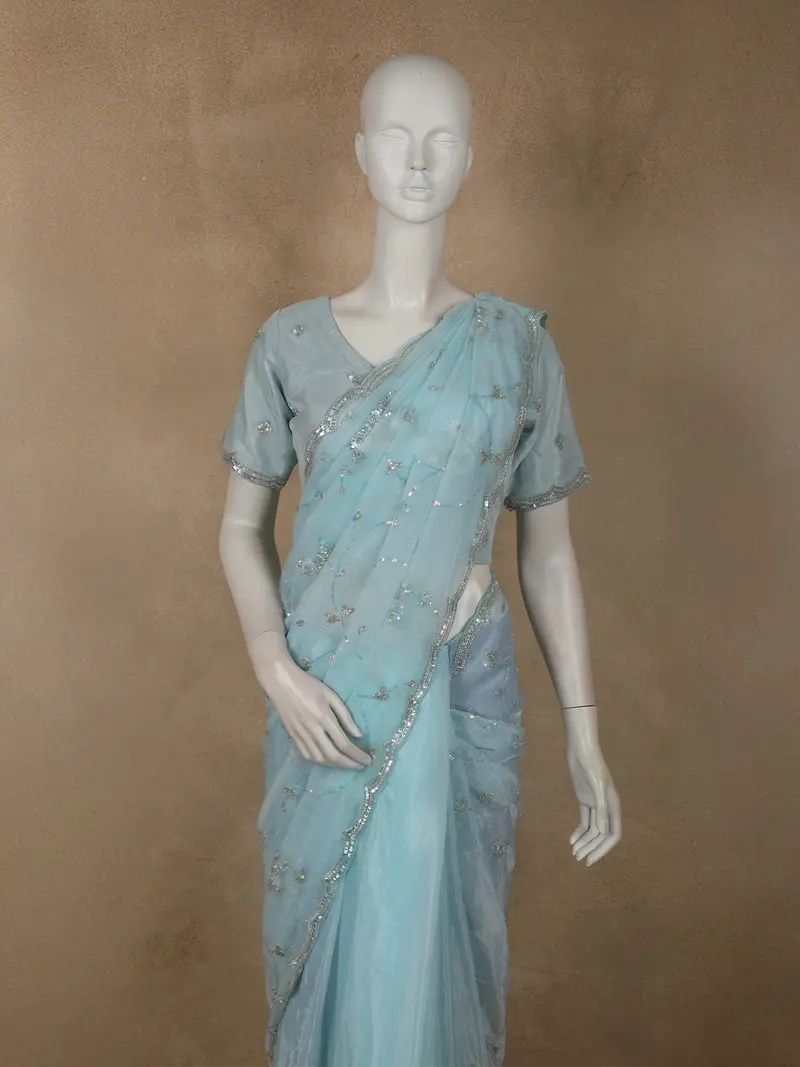 Soft Ice Blue Sequin And Beads Embroidered Design Organza Designer Saree With Designer Border 2