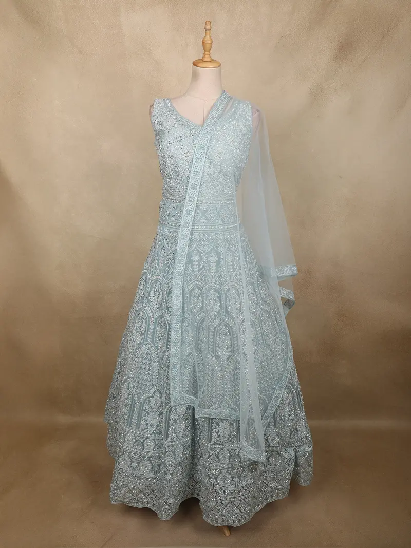 Soft Ice Mint Blue Floral Thread And Mirror Embroidered Design Net Anarkali Gown With Dupatta 1