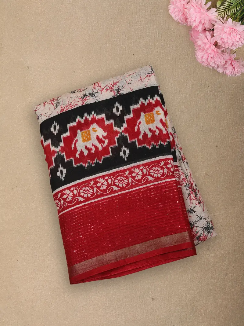 Soft Ivory Abstract Printed Design Crepe Saree With Sequins Border 1