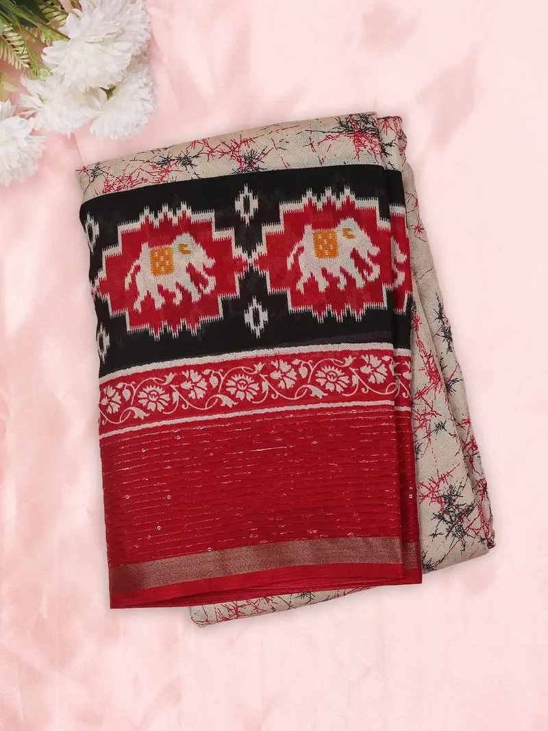 Soft Ivory Abstract Printed Design Semi Silk Saree With Elephant Ikat Motif Border 1