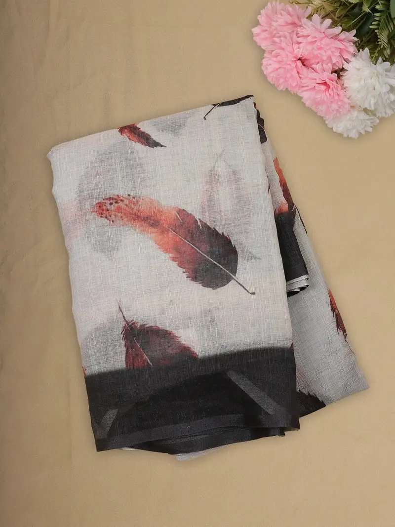 Soft Ivory Artistic Feather Printed Design Linen Cotton Saree 1