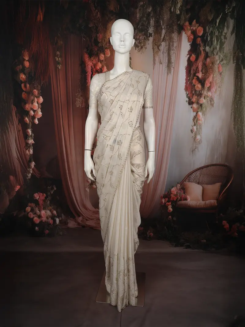 Soft Ivory Beige Floral Vine Zardozi Embroidered Design Space Silk Fancy Saree 1