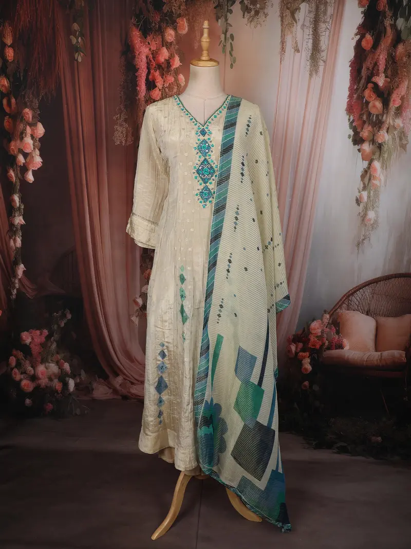 Soft Ivory Butta Zari Woven Design Tissue Silk Salwar Suit With Dupatta 1