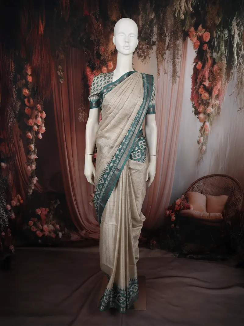 Soft Ivory Cream Checked Zari Woven Design Tussar Silk Saree With Contrast Border 1