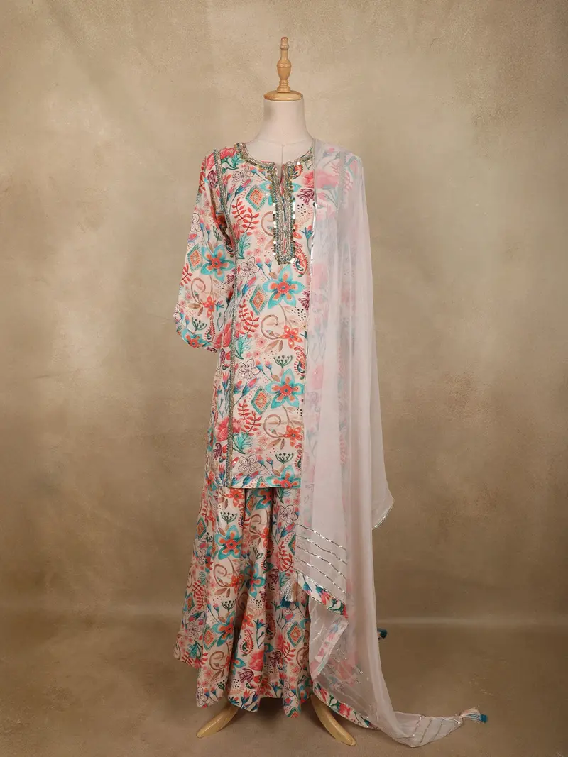 Soft Ivory Cream Floral Printed Design Cotton Palazzo Suit With Dupatta 1