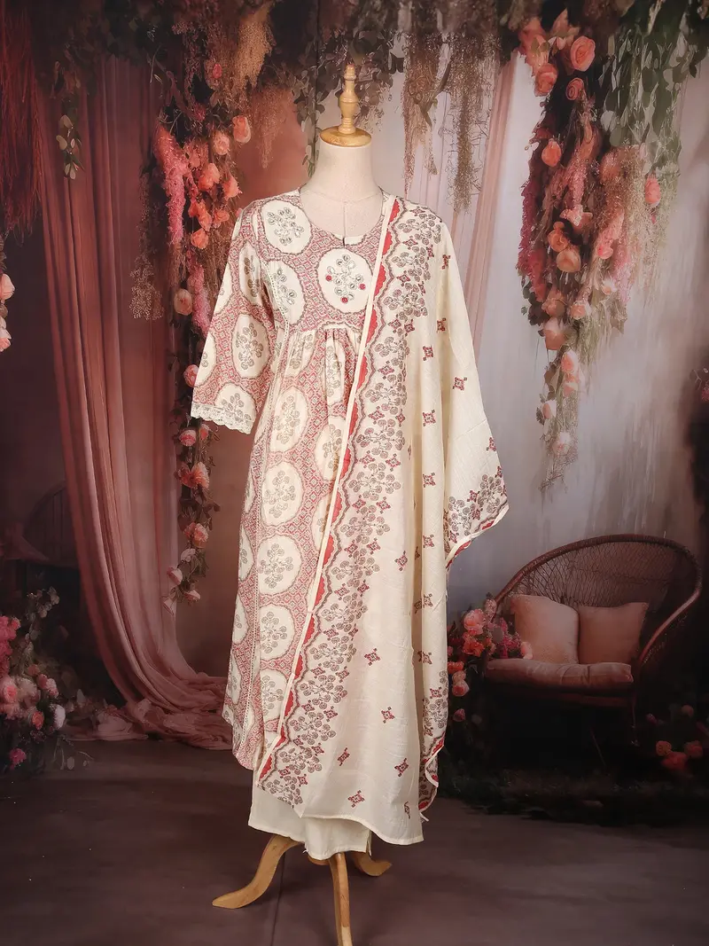 Soft Ivory Cream Floral Printed Design Cotton Salwar Suit With Dupatta 1