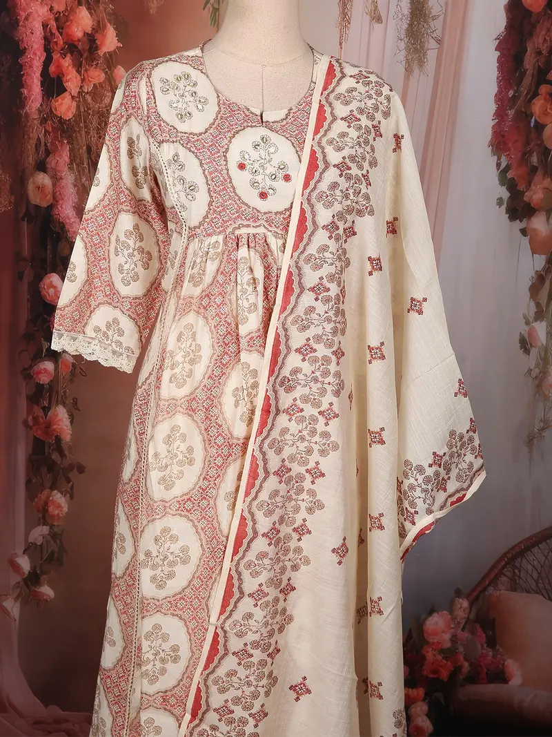 Soft Ivory Cream Floral Printed Design Cotton Salwar Suit With Dupatta 2