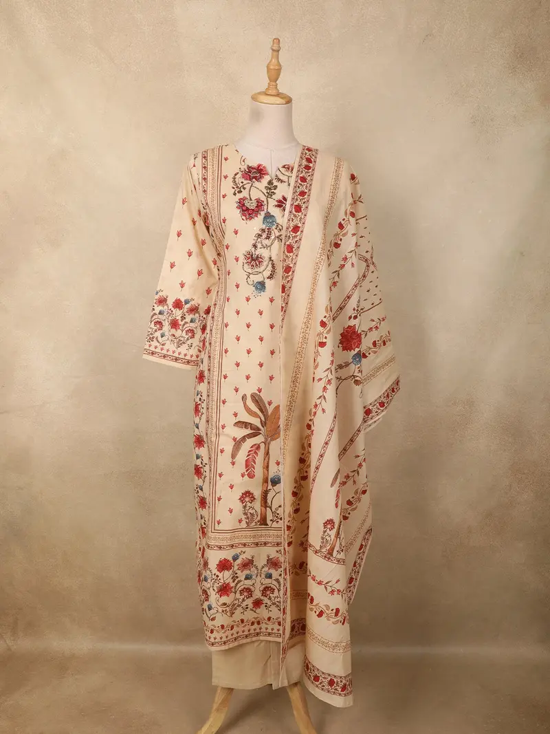 Soft Ivory Cream Floral Printed Design Cotton Straight Cut Salwar Suit With Dupatta 1
