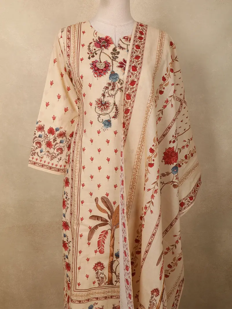 Soft Ivory Cream Floral Printed Design Cotton Straight Cut Salwar Suit With Dupatta 2