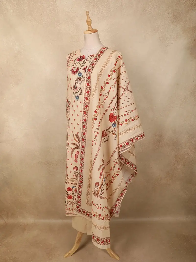 Soft Ivory Cream Floral Printed Design Cotton Straight Cut Salwar Suit With Dupatta 3