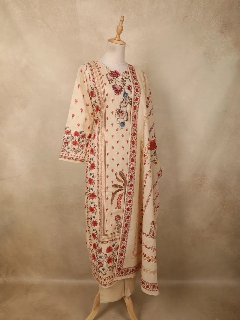 Soft Ivory Cream Floral Printed Design Cotton Straight Cut Salwar Suit With Dupatta 4