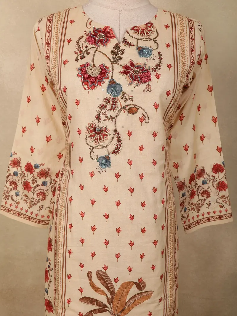 Soft Ivory Cream Floral Printed Design Cotton Straight Cut Salwar Suit With Dupatta 5