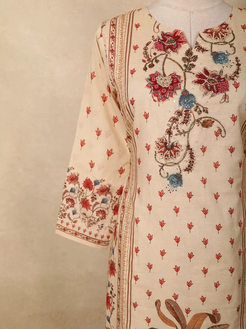 Soft Ivory Cream Floral Printed Design Cotton Straight Cut Salwar Suit With Dupatta 6