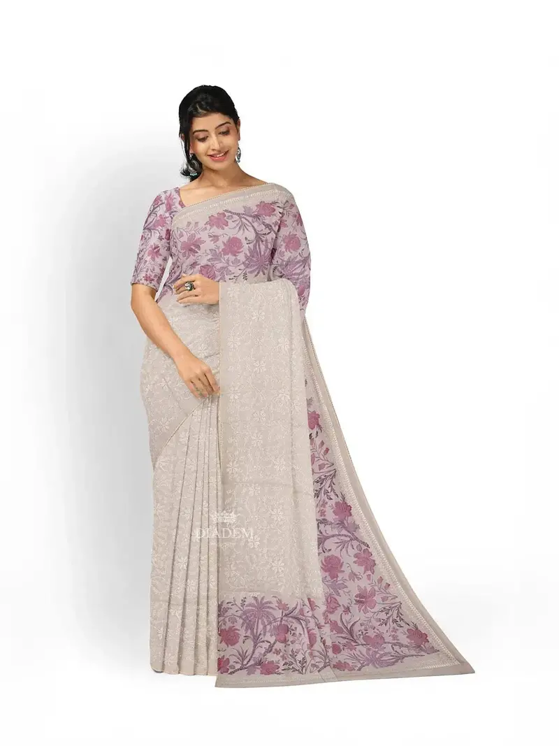 Soft Ivory Cream Floral Thread Embroidered Design Organza Saree With Floral Border 1