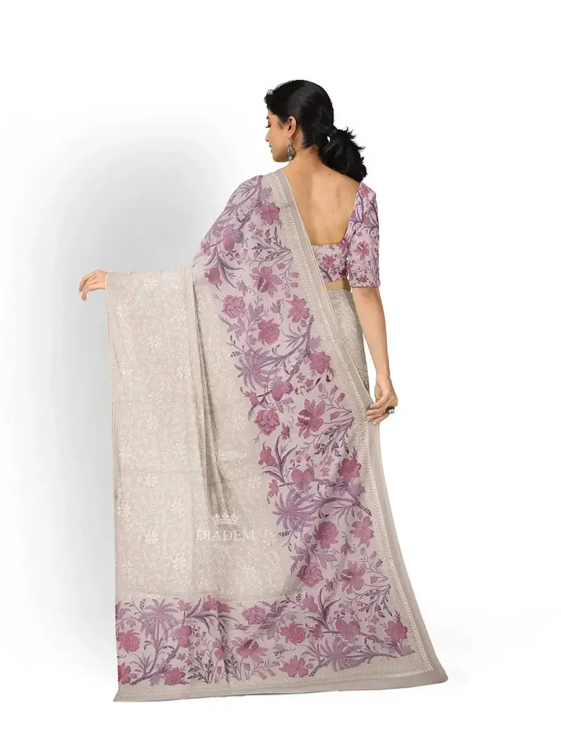 Soft Ivory Cream Floral Thread Embroidered Design Organza Saree With Floral Border 2