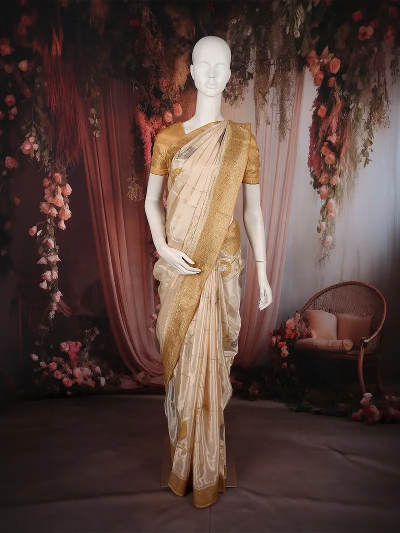 Soft Ivory Cream Floral Zari Woven Design Semi Banarasi Saree With Floral Zari Border 1